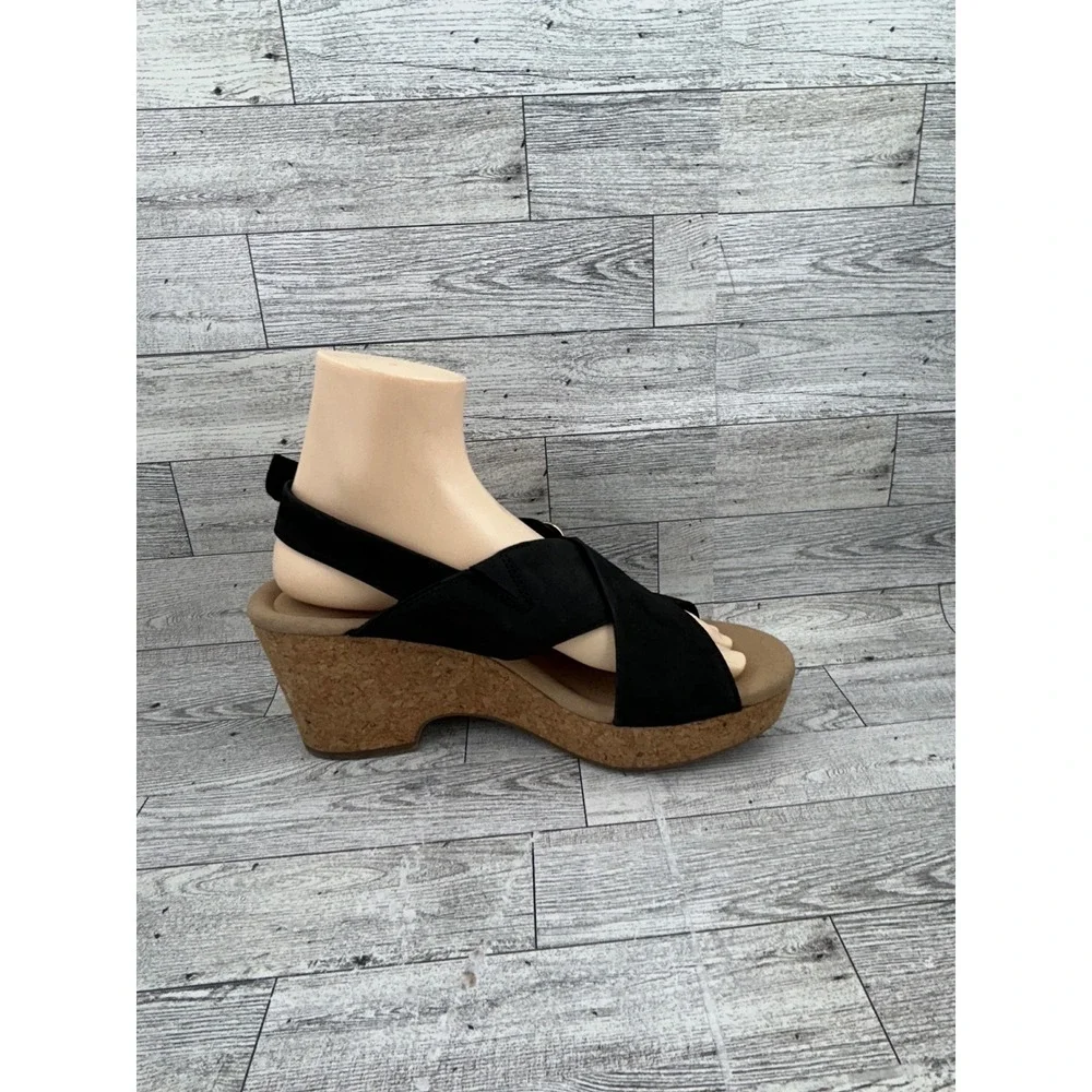Clarks Collection Black Nubuck‎ Wedge Sandals Ultimate Comfort Women Size 10M